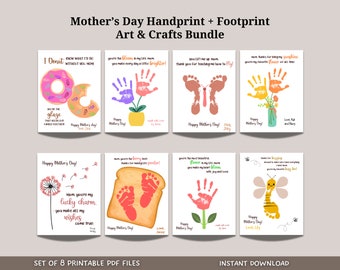 May include: Set of eight printable Mother's Day cards featuring handprint and footprint art. The cards feature various designs, including a donut, a flower, a butterfly, a dandelion, a slice of bread, a bee, and a sunflower. The cards are perfect for children to create a personalized gift for their mothers.