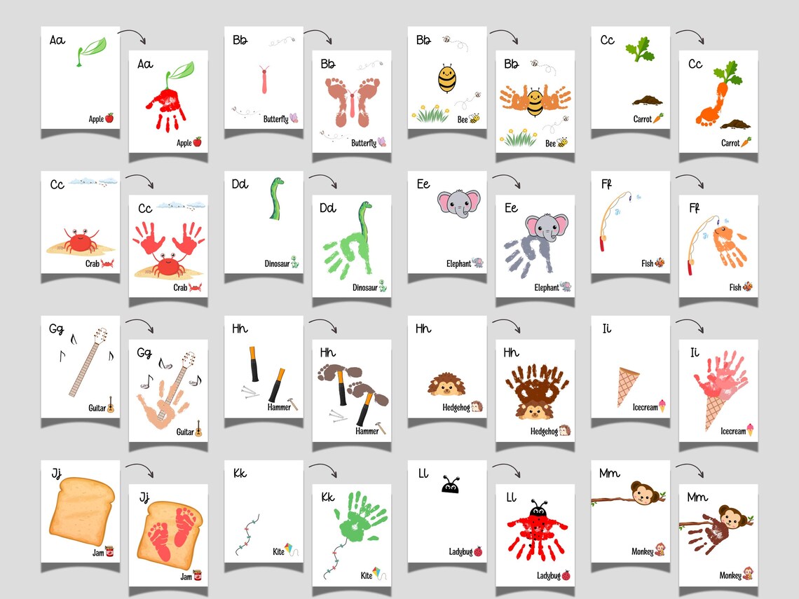 A-Z Alphabet Handprint Footprint Crafts Printable, ABC Memory Phonic ...