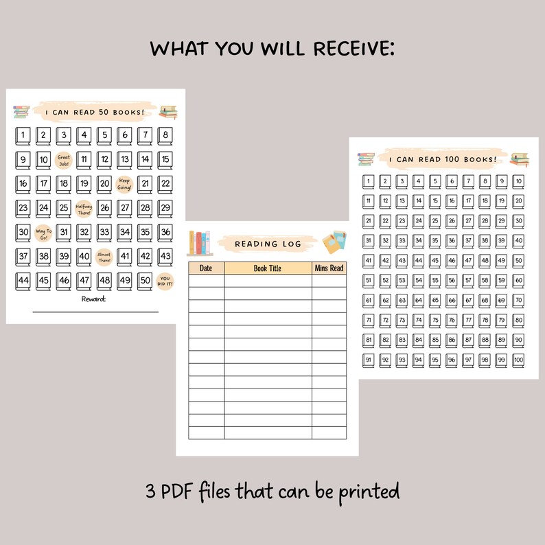 Printable Reading Chart Kids, Reading Log Tracker 50 100 Books, Book Reading Challenge, Homeschool Reading Reward Chart, Progress Chart PDF image 2