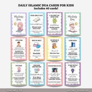 Puede incluir: Un conjunto de coloridas tarjetas islámicas Dua para niños, con varias oraciones para las actividades diarias. Cada tarjeta tiene un diseño único con texto árabe y traducciones al inglés. Las tarjetas están diseñadas para niños.