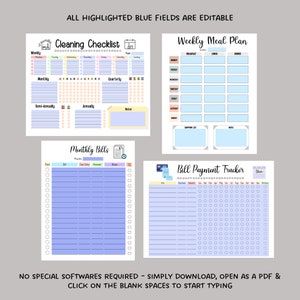 Household Planner Printable, Home Management Bundle, Editable Cleaning Schedule, Monthly Bill Tracker, Yearly Bills, Weekly Meal Planner image 3
