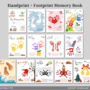Handprint Memory Book Printable, DIY Footprint Art Kids Activity, Monthly Keepsake Craft Baby Toddler PreK Preschool Kindergarten 1st Grade