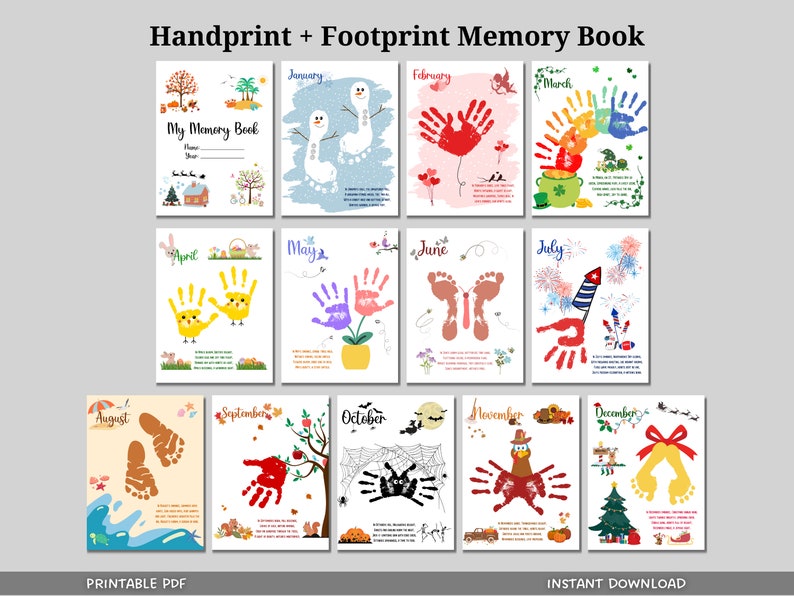 This memory book of handprint & footprint art & crafts is printable! This unique & heartwarming keepsake can be used for babies, toddlers, preschool & kindergarten kids, celebrating their journey of growth, one for each cherished month of the year!