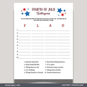 4th of July Scattergories Game Printable, Independence Day Party Ideas, Family Activity Adults & Kids, Fourth of July Patriotic Quiz
