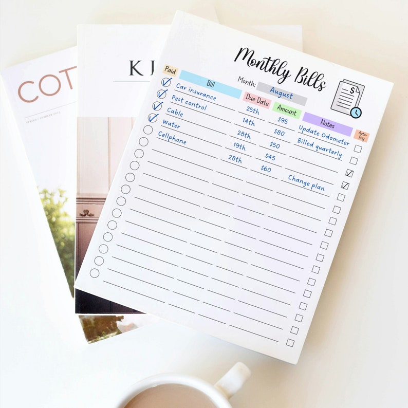 May include: A printable monthly bill tracker with checkboxes for paid bills, a section for bill name, due date, amount, and notes. The month is August.
