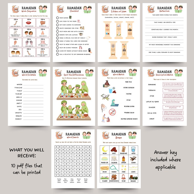 May include: A set of 10 printable Ramadan activity sheets for children. The sheets feature colourful illustrations of children, mosques, and other Islamic symbols. Activities include word scrambles, word searches, bingo, and matching games.