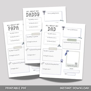 All About My Dad Printable, Father’s Day Questionnaire, All About My Daddy Papa, Fathers Day Gift Ideas, Personalized Gift For Dad from Kids