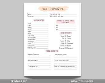 Coworker Questions Printable, All About Me Employee Questionnaire, Employee Favorites List, Employee Appreciation, Gift Exchange Team Survey