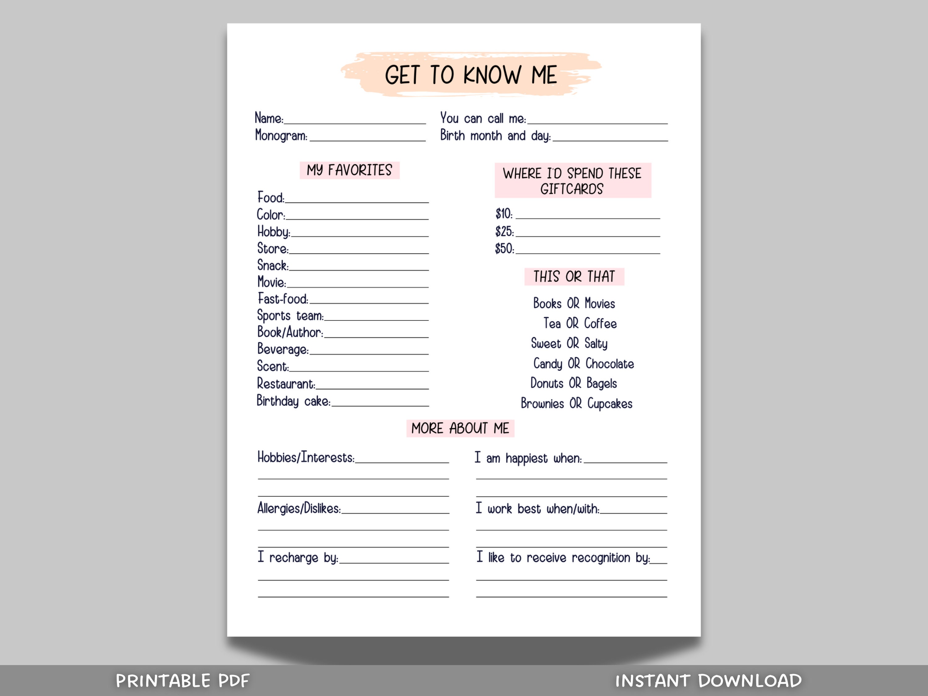 Coworker Questions Printable, All About Me Employee Questionnaire, Employee Favorites List, Employee Appreciation, Gift Exchange Team Survey