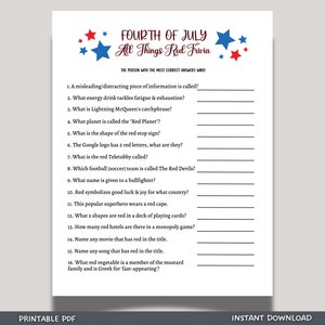 4th of July All Things Red Trivia Game Printable, Independence Day Party Ideas, Family Activity Adults & Kids, Fourth of July Patriotic Quiz