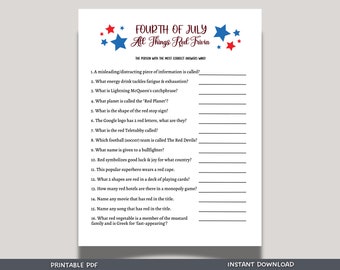 May include: A printable Fourth of July trivia game with 16 questions about red-themed things. The game is titled "All Things Red Trivia" and has a red, white, and blue color scheme.