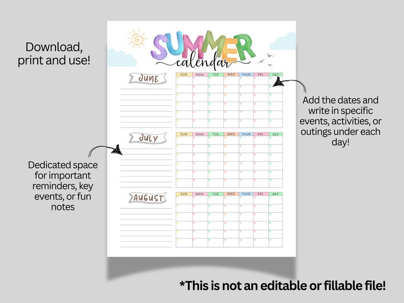 May include: A printable summer calendar with a colorful design. The calendar includes the months of June, July, and August, with space to add dates and notes. The text "SUMMER calendar" is at the top, with the words "Download, print and use!" at the top left.
