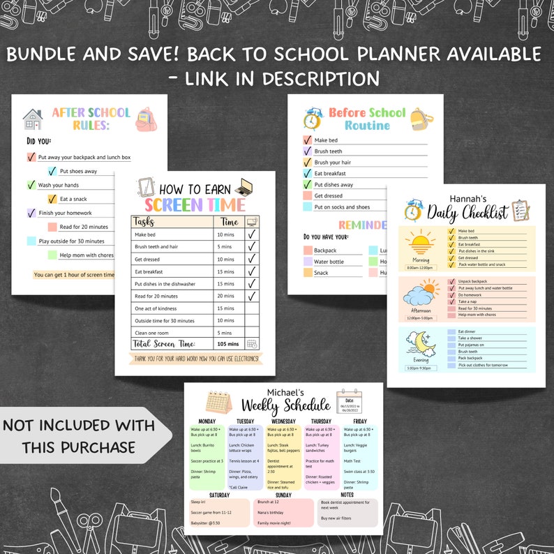 Pu&ograve; includere: Un planner di ritorno a scuola stampabile colorato con un programma settimanale, una lista di controllo giornaliera e una tabella per guadagnare tempo sullo schermo. Il planner include una lista di controllo per le routine prima e dopo la scuola. Il planner &egrave; progettato per i bambini e presenta uno stile cartone animato.