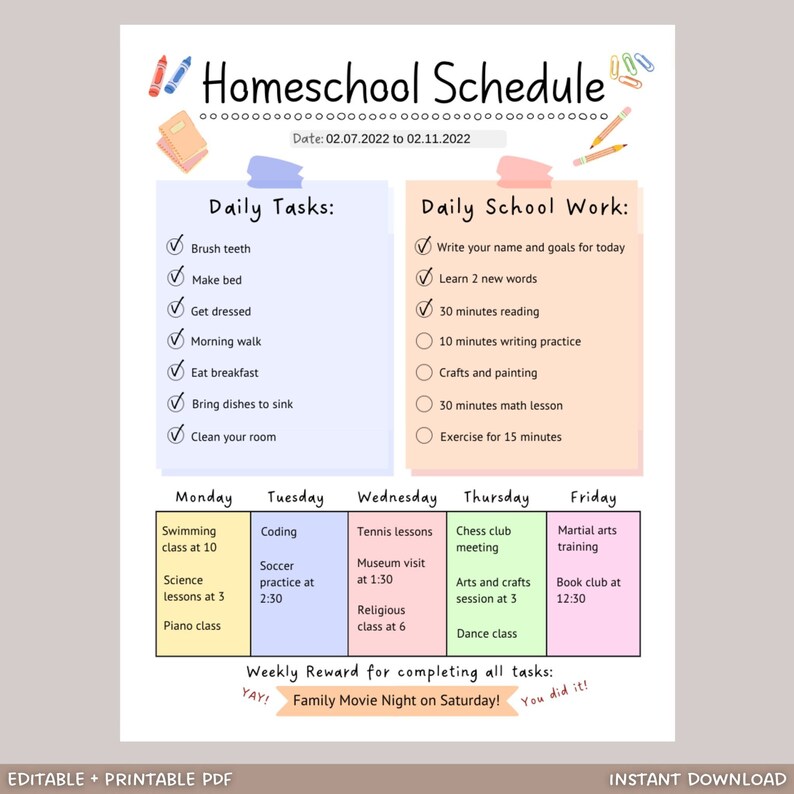 Homeschool Schedule, Homeschool Planner Printable, Homeschool Daily Schedule Kids Editable, Preschool Printable Lesson Planner PDF image 1