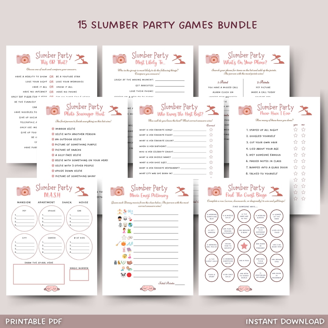 Slumber Party Games Bundle Printable, Tween Preteen Sleepover Games ...