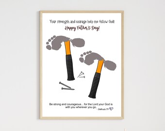 Könnte beinhalten: Eine druckbare Vatertagskarte mit einem Handabdruck-Design eines Hammers und Nägel. Die Karte enthält den Text "Deine Stärke und dein Mut helfen mir, Gott zu folgen! Frohen Vatertag!" und einen Bibelvers aus Josua 1,9.