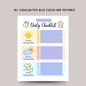 Puede incluir: Una lista de verificaci&oacute;n diaria imprimible con un esquema de color azul, amarillo y naranja. La lista est&aacute; dividida en tres secciones: Ma&ntilde;ana, Tarde y Noche. Cada secci&oacute;n tiene un icono de dibujos animados que representa la hora del d&iacute;a y una lista de l&iacute;neas en blanco para escribir tareas.
