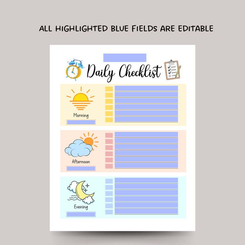 Puede incluir: Una lista de verificaci&oacute;n diaria imprimible con un esquema de color azul, amarillo y naranja. La lista est&aacute; dividida en tres secciones: Ma&ntilde;ana, Tarde y Noche. Cada secci&oacute;n tiene un icono de dibujos animados que representa la hora del d&iacute;a y una lista de l&iacute;neas en blanco para escribir tareas.