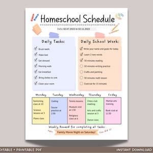 Homeschool Schedule, Homeschool Planner Printable, Homeschool Daily Schedule Kids Editable, Preschool Printable Lesson Planner PDF