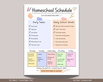 Homeschool Stundenplan, Homeschool Planer druckbar, Homeschool Tagesplaner Kinder bearbeitbar, Vorschule druckbarer Stundenplan PDF