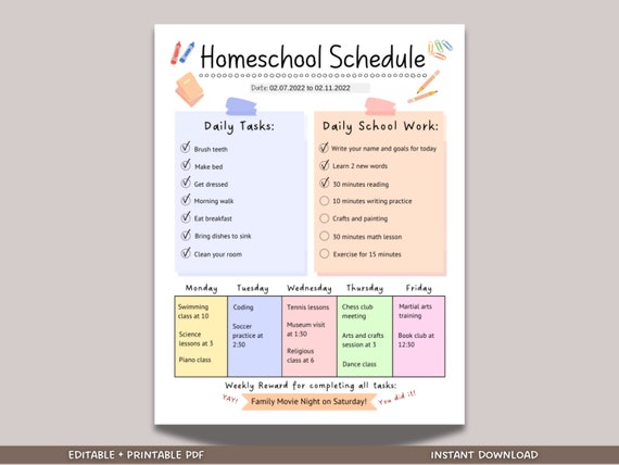 Homeschool Schedule, Homeschool Planner Printable, Homeschool Daily Schedule Kids Editable, Preschool Printable Lesson Planner PDF