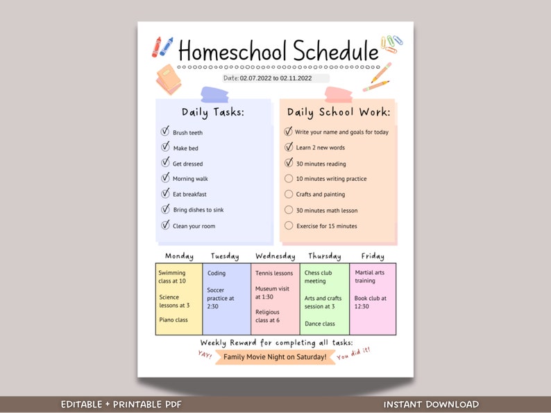 This personalized homeschool schedule is an editable, printable PDF and instant digital download. It is perfect for kids staying on a homeschool routine.