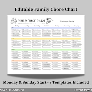 Family Chore Chart Printable Editable Weekly Family Schedule Cleaning