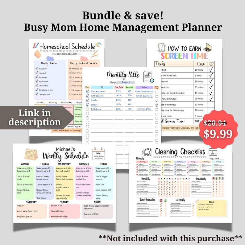 K&ouml;nnte beinhalten: Ein druckbares Planer-Paket f&uuml;r vielbesch&auml;ftigte M&uuml;tter, mit einem Homeschool-Plan, einem Wochenplan, einem Tracker f&uuml;r monatliche Rechnungen, einer Reinigungscheckliste und einem Bildschirmzeit-Diagramm. Der Planer enth&auml;lt farbenfrohe Illustrationen und Kontrollk&auml;stchen.