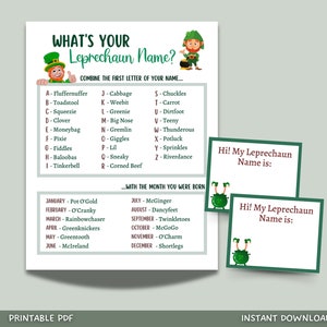 What&#39;s Your Leprechaun Name Game Printable, St. Patrick&#39;s Day Party Game, Classroom Games, St. Patty&#39;s Day Name Tags Kids Adults, St. Paddy