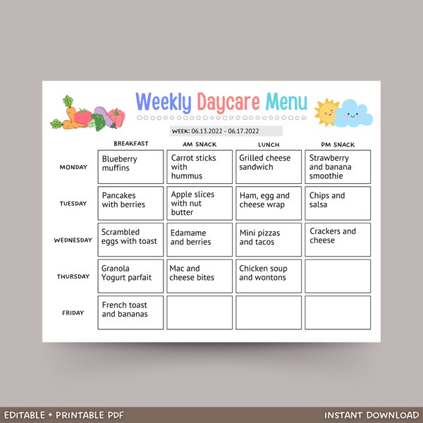 Daycare Weekly Menu Printable, Home Daycare Monthly Meal Planner, Fillable PDF, Editable Daycare Menu Preschool, Home School, Nannies