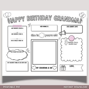 Página para colorear de Feliz Cumpleaños Abuela para imprimir, regalo personalizado DIY para niños, tarjeta con actividad y cuestionario de recuerdo.