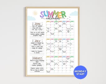 Sommerkalender Druckbarer Montag Start, Juni Juli August Kinder Poster Digitaler Download