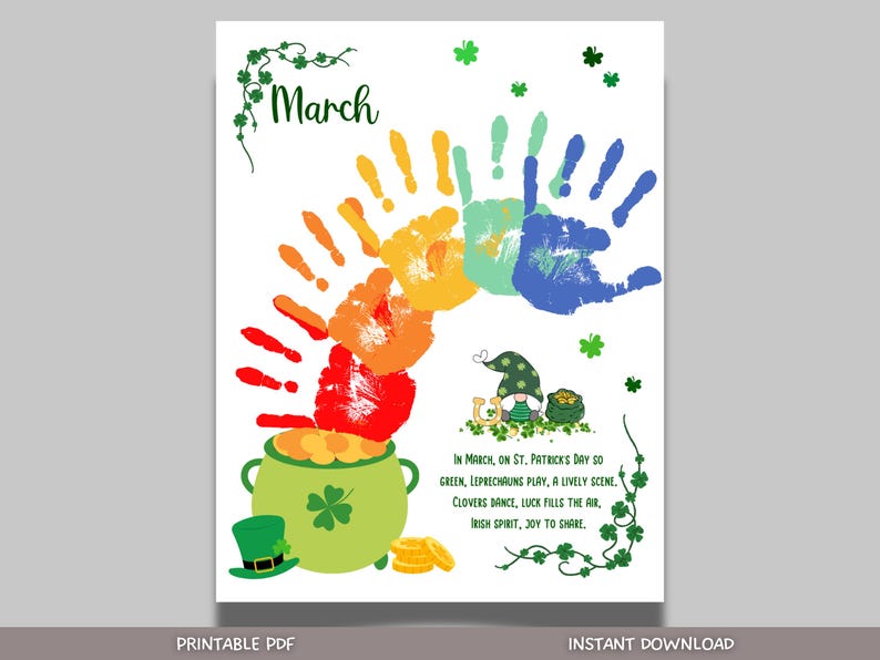 March Handprint Footprint Crafts Printable, DIY Art Kids Preschool Activity, St Patricks Monthly Keepsakes for Baby Toddler PreK Kindergarten
