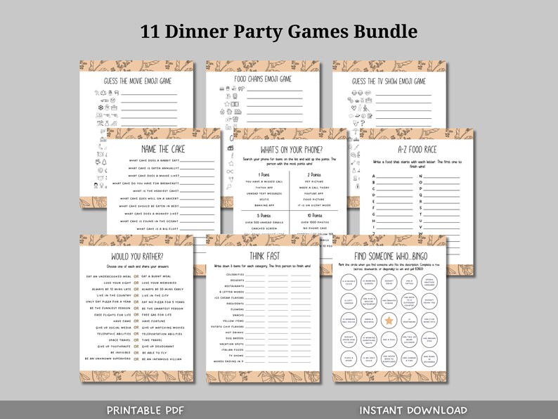 This dinner party games bundle is a printable PDF and an instant digital download! It includes everything you need for your next fun cocktail party, house party, dinner party, game night, birthday party and work meetings!