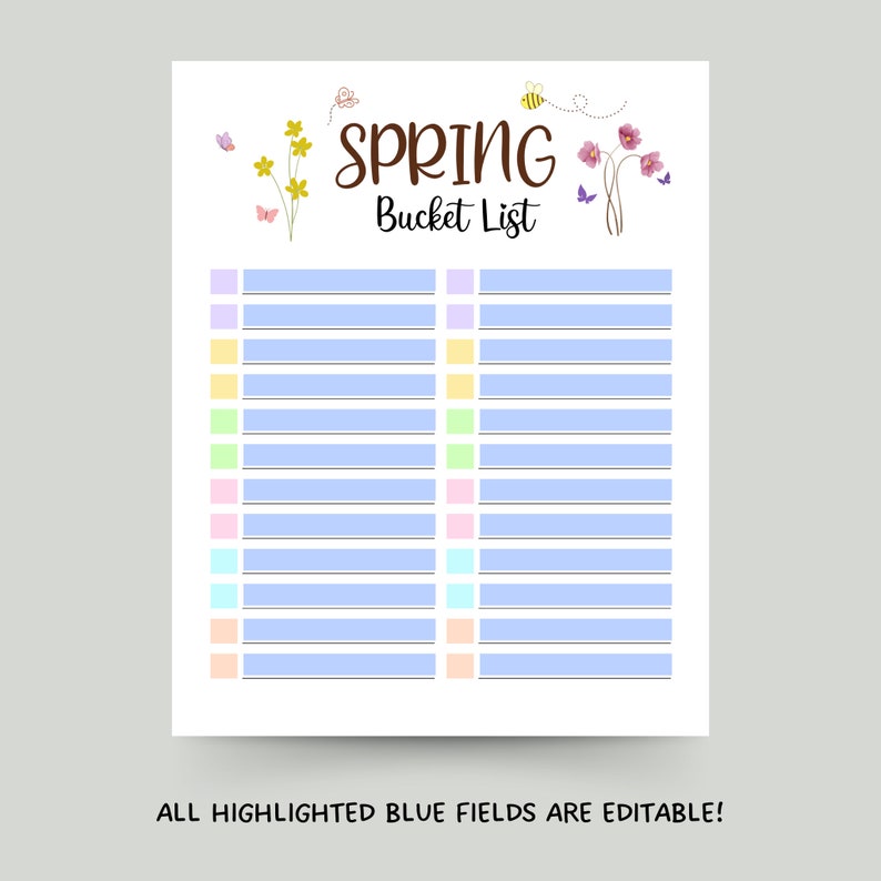 Buy Editable Spring Bucket List, Printable Fun Spring Activities for ...