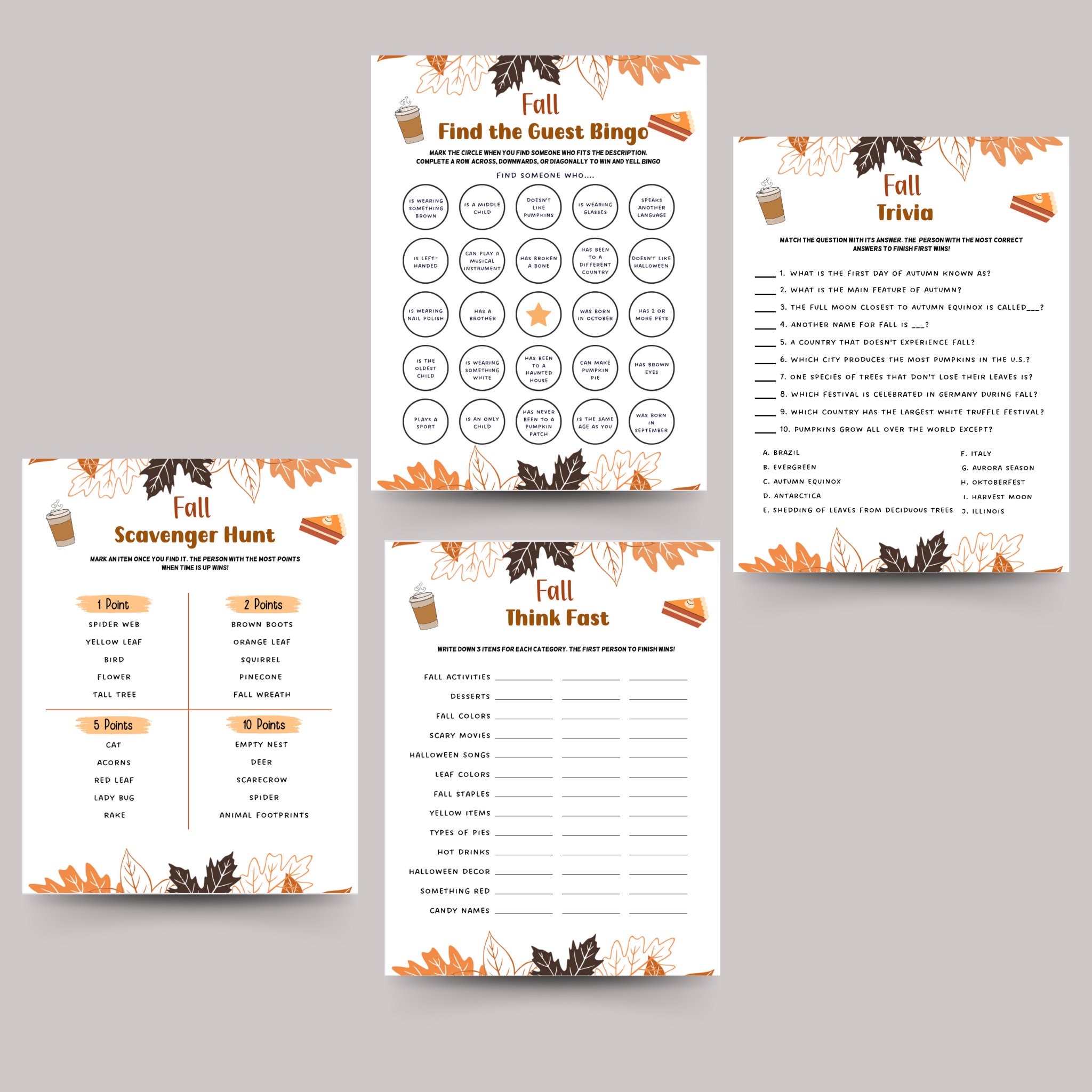 Fall Games Bundle Printable, Fun Autumn Games, Fall Activity Adults
