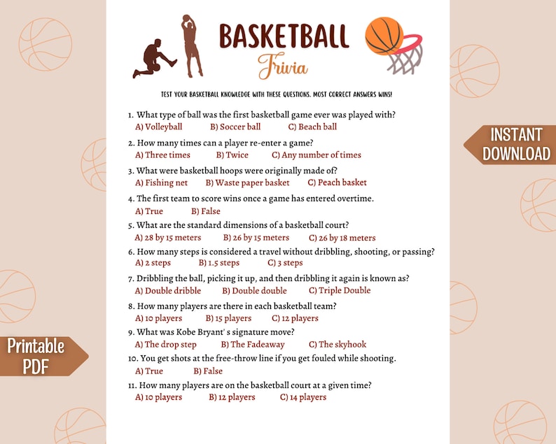 Basketball Trivia Game Printable Basketball Tailgate Party Etsy