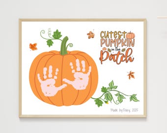 Pumpkin Handprint Craft Printable, Fall Autumn Activity DIY Footprint Art for Kids Baby Infant Toddler Preschool Thanksgiving Keepsake Gift