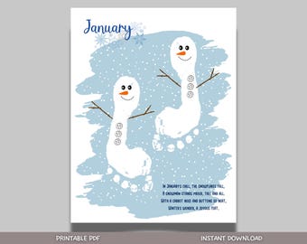 January Handprint Footprint Crafts Printable, DIY Art Kids Preschool Activity, Winter Monthly Keepsakes for Baby Toddler PreK Kindergarten