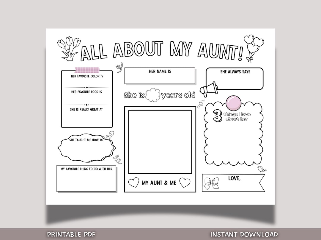 All About My Aunt Survey Printable, DIY Gift for Auntie Aunty Birthday