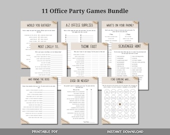 Juegos de fiesta de oficina imprimibles, juegos de fiesta de trabajo, juegos de formación de equipos, agradecimiento al personal rompehielos, bingo para empleados, juegos de hora feliz