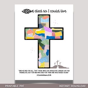 Christian Easter Torn Paper Craft Printable, Cross Scripture DIY Keepsake Art for Kids Sunday School Church Preschool Activity Bible Lesson