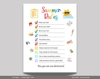 Editable Summer Rules, Printable Daily Checklist, Daily Routine Responsibility Chart, Minimalistic Chore Chart PDF, Summer Chore List Kids