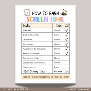 May include: A printable chart with a colourful title "How to Earn Screen Time". The chart lists household chores and the amount of screen time earned for completing each task. The total screen time earned is 105 minutes.
