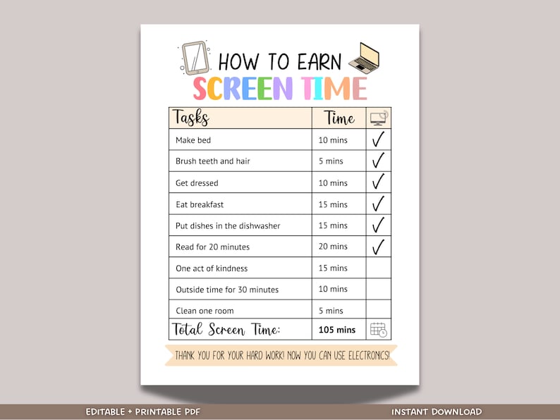 This personalized screen time chart checklist is an editable printable PDF and instant digital download. It is perfect to help kids learn about the value of hard work while earning screen time.