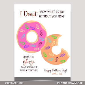 Donut Mothers Day Fingerprint Craft for Kids Printable Card Art Activity Keepsake Personalized Birthday Mom Gift Preschool Kindergarten PreK