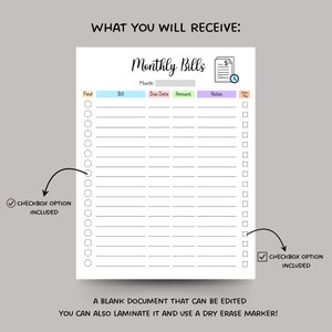 May include: A printable monthly bill tracker with a checklist option. The tracker has columns for bill name, due date, amount, notes, and auto pay. The tracker is designed to help you keep track of your bills and make sure you pay them on time.