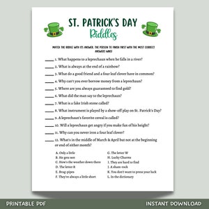 Puede incluir: Un juego de acertijos imprimible del Día de San Patricio con 12 preguntas y respuestas. El juego está diseñado para jugarse haciendo coincidir el acertijo con su respuesta. Las respuestas están listadas en orden alfabético con las letras A a la L.