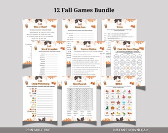 Paquete de juegos de otoño imprimible, divertidos juegos de otoño, actividades familiares de otoño, actividades de otoño para adultos y niños, imprimibles de Halloween de Acción de Gracias