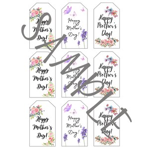 May include: Nine printable gift tags with watercolor floral designs and the text "Happy Mother's Day!" in black.
